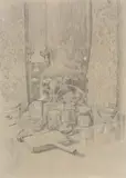 Still life with reflections in a window by Sylvia Gosse, ink, sold Oct 2022