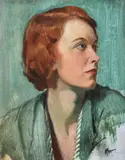 Head study, lady in green by Herbert James Gunn, Oil on artist's board, sold Oct 2022