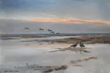 Bean geese on the saltings by Peter Scott, 1940, oil, sold Oct 2022