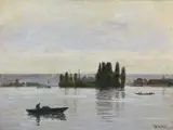 Boats on a river landscape by Joseph Delattre, oil, sold Oct 2022