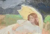 Girl with a parasol by Jacqueline Marval, oil, sold Oct 2022