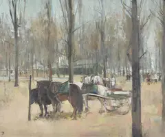 Horse and cart resting in the park by Tom Coates, oil, sold Oct 2022