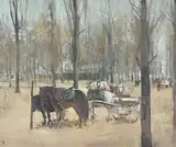 Horse and cart resting in the park by Tom Coates, oil, sold Oct 2022