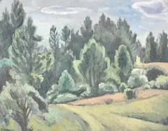 Summer landscape by Bernard Meninsky, Oil on canvas, sold Oct 2022