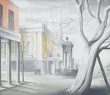 Figures in a street by Felix Kelly, watercolor, sold Oct 2022