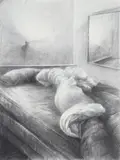 Unmade bed by mirror by Ra'anan Levy, Charcoal and chalk, sold Oct 2022