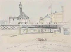 Brighton, palace pier by Elwin Hawthorne, Pencil and coloured pencilTitled and annotated, sold Oct 2022