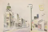 Ilford high street by Elwin Hawthorne, Pencil and coloured, sold Oct 2022