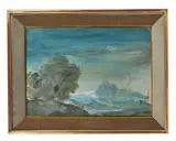 Design for backdrop with tree and mountain by Oliver Messel, watercolour and gouache36, sold Oct 2022