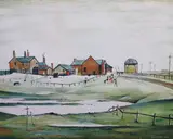 Landscape with farm buildings by L. S. Lowry, lithograph, sold Jun 2023