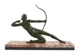 An Art Deco bronze figure of a female archer, kneeling upon a marble plinth by Salvatore Melani, bronze, sold Jun 2023