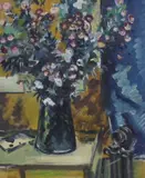 Still life of flowers on a table top by Tom Gourdie, oil on canvas, sold Jun 2023