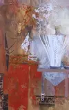 Interior with cut glass vase by Peter Folkes, mixed media, sold Jun 2023