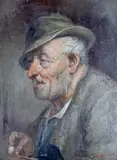 Gentleman filling his pipe by Carl Schleicher, oil on wood, sold Jun 2023