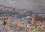 Beach scene, studio stamp verso, 30 x 43cm, unframed by John Harvey, oil on board, sold Jun 2023
