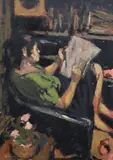Seated woman reading a newspaper by Ken Moroney, oil on board, sold Jun 2023