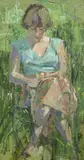 Woman reading in a meadow by Carol Rhodes, oil, sold Jun 2023