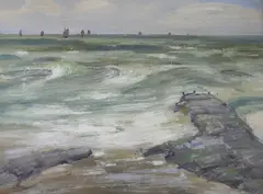 Coastal scene by Henry Meuwis, oil on board, sold Jun 2023