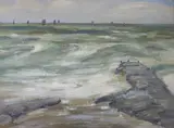 Coastal scene by Henry Meuwis, oil on board, sold Jun 2023