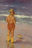 Child on the seashore by Ken Moroney, oil on wood, sold Jun 2023
