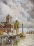 Dutch canal scene by Louis van Staaten, watercolour, sold Jun 2023