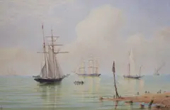 Coastal shipping, monogrammed and dated '80 22.5 x 34cm by William Frederick Settle, watercolour, sold Jun 2023