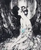 Seated woman within a dressing room by Alistair K. MacDonald, ink and gouache, sold Jun 2023