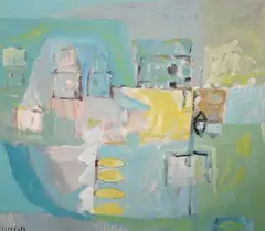 Summer window over the harbour, Canary Islands by Padraig Macmiadhachain, oil on canvas, sold Jun 2023
