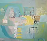 Summer window over the harbour, Canary Islands by Padraig Macmiadhachain, oil on canvas, sold Jun 2023