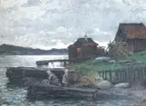 Mother and child on the wharf by Josef Wilhelm Wallander, oil on wood, sold Jun 2023