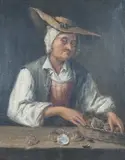Seated fishmaid with a basket of oysters by Balthazar Nebot, oil, sold Jun 2023