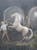 Horse and groom by Ursula MacDonald, oil on canvas board, sold Jun 2023