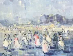 Figures on the beach by Walter John Beauvais, oil on board, sold Jun 2023