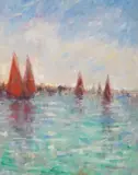 Fishing boats at sea by Paul Beauvais, oil on board, sold Jun 2023
