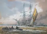 Barge out of Portsmouth' and 'Barge on the Thames picking up a mooring by Sydney Goodwin, watercolor, sold Jun 2023
