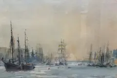 Shipping on the Thames by Trevor Chamberlain, 1989, watercolour, sold Jun 2023