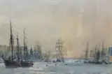 Shipping on the Thames by Trevor Chamberlain, 1989, watercolour, sold Jun 2023
