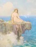 Siren on the rocks by Parker Hagerty, watercolour, sold Jun 2023