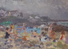 Beach scene, studio stamp verso, 30 x 43cm, unframed by John Harvey, oil on board, sold Jun 2023