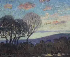 Landscape at sunset by Edouard Chappel, oil on board, sold Jun 2023