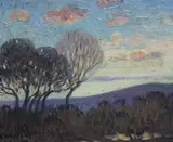 Landscape at sunset by Edouard Chappel, oil on board, sold Jun 2023