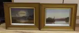 Sail barge on an estuary and Beach scene at sunset by Claude Thomas Stanfield Moore, oil, sold Jun 2023
