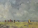 Figures on the beach, 14 x 19cm by Charles Horwood, oil on board, sold Jun 2023