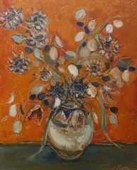 Still life of flowers in a vase by Matt Bruce, oil on board, sold Jun 2023