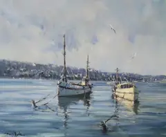 Fishing boats in harbour by David Hyde, oil on canvas, sold Jun 2023