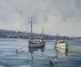 Fishing boats in harbour by David Hyde, oil on canvas, sold Jun 2023