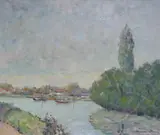 French river landscape, indistinctly signed, 44 x 54cm by Henri Stenn, oil on canvas, sold Jun 2023