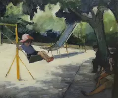 Child on a swing by Eric Rolfe, oil on canvas, sold Jun 2023