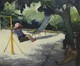 Child on a swing by Eric Rolfe, oil on canvas, sold Jun 2023