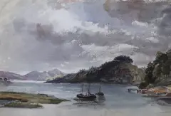 Boats on a loch, 33.5 x 50.7cm, ex Christie's sale The Martyn Gregory Collection of British Art, lot 7, 10th March 2022 by Montagu William Graham, watercolour and pencil, sold Jun 2023